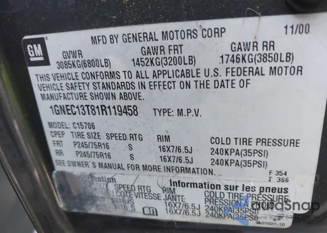 2001 Chevrolet Tahoe Ls из США, поврежденный, VIN 1GNEC13T81R119458